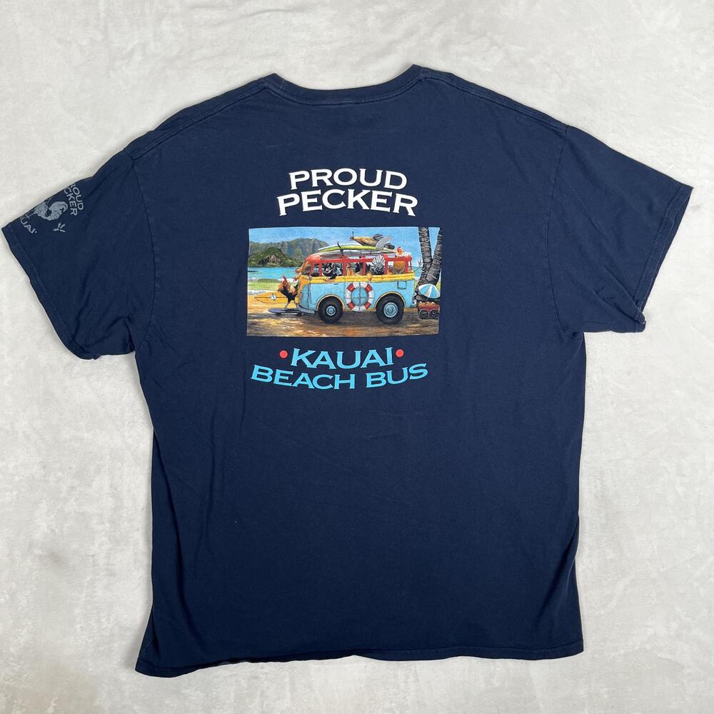 Proud Pecker T-Shirt Mens 2XL Blue Kauai Beach Bus Rooster Hawaii Graphic Tee